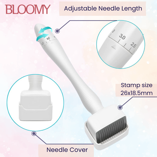 BloomyLUX™ Derma Stamp- Hair Skin Stamp- Adjustable 140 Tip Stainless Steel For Hair Loss And Wrinkles, Acne Scars. Anti Aging